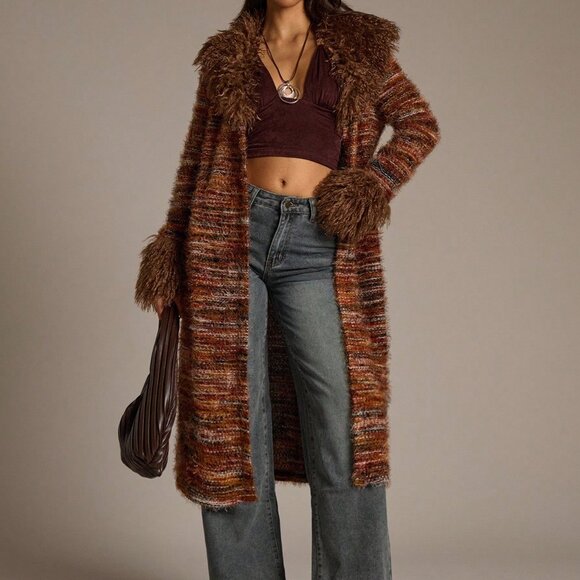 Multicolor Bohemian Women's fuzzy Collar & Cuffs Long Striped sweater Cardigan - Picture 3 of 7